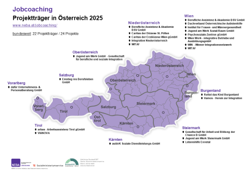 österreichische Landkarte für Projektträger in Jobcoaching; im Vollbild anzeigen, PDF-Alternative direkt unterhalb