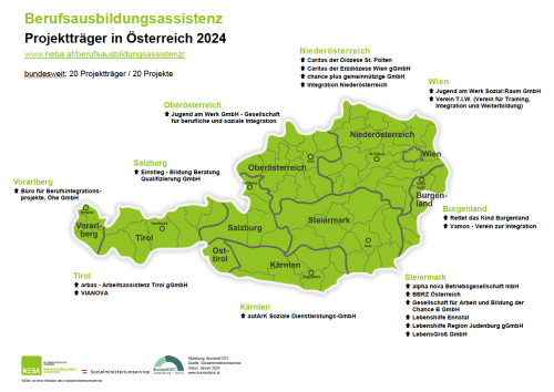 Landkarte Projektträger Berufsausbildungsassistenz österreichische