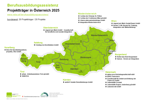 österreichische Landkarte für Projektträger in Berufsausbildungsassistenz; im Vollbild anzeigen, PDF-Alternative direkt unterhalb