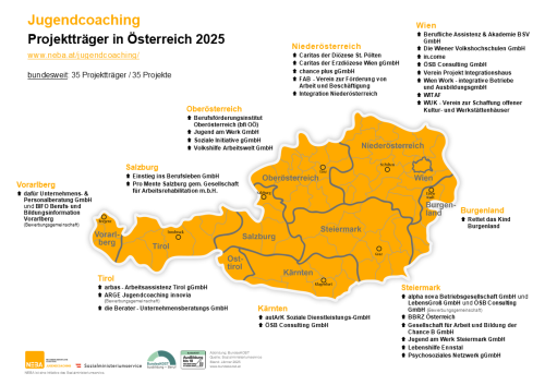 österreichische Landkarte für Projektträger in Jugendcoaching; im Vollbild anzeigen, PDF-Alternative direkt unterhalb